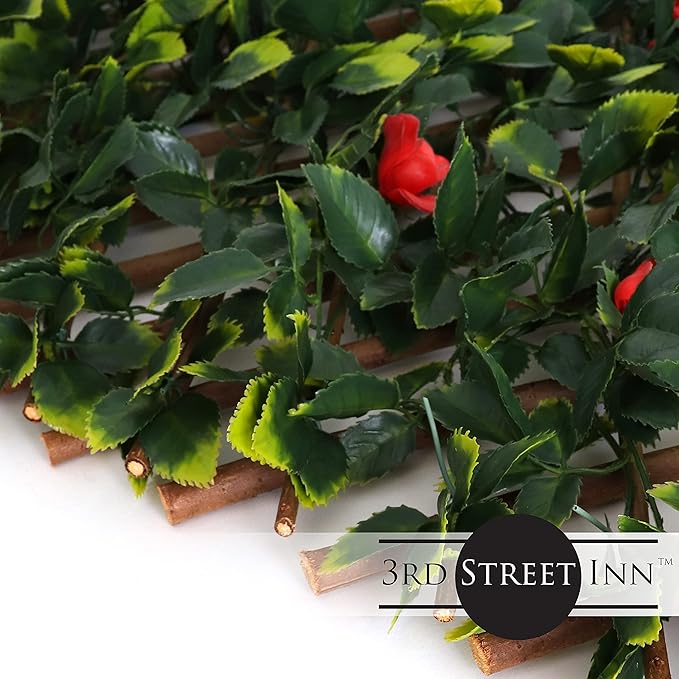 3rd Street Inn™ Leaf Trellis - Bamboo Greenery Panel - Boxwood and Ivy Privacy Fence Substitute - DIY Flexible Fencing (4, Red Rose Rattan)