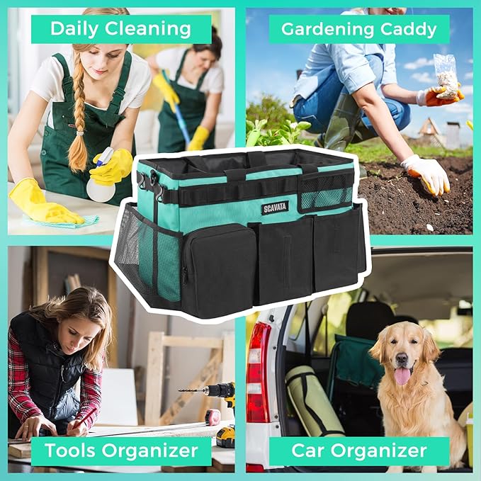 Wearable Cleaning Caddy Bag, Cleaning Caddy Supplies Organizer with Handle & Shoulder Straps for Housekeepers, Under Sink & Car Cleaning Tool Organizers with 4 Foldable Divider (Lake Blue)