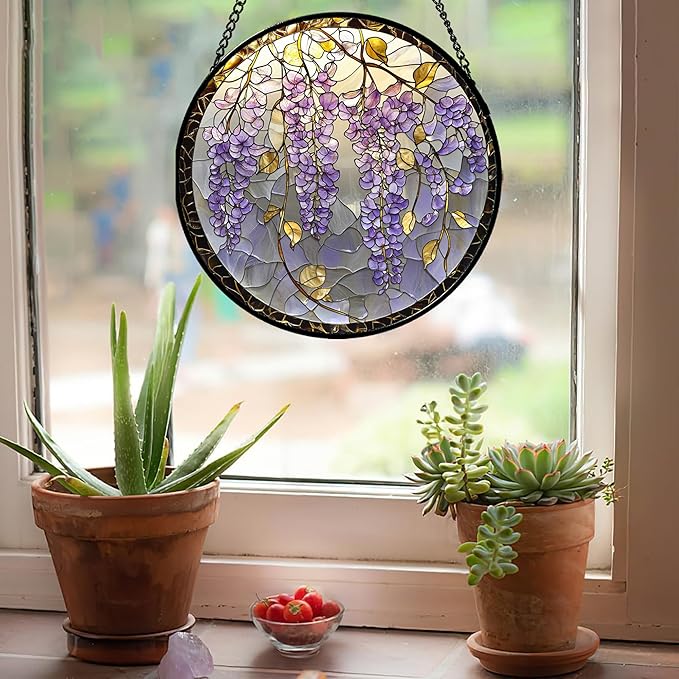 AMDERVEN Stained Glass Window Hanging - Wisteria Flower Golden Leaves Sun Catcher for Door Home Decor Plant Suncatcher Christmas Mother's Day Birthday Gifts for Women Men Lovers Mom Nana 11.8 in
