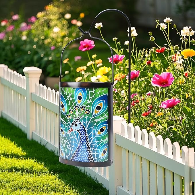 Hanging Solar Lantern Outdoor Waterproof Peacock Solar Lights Glass Tabletop Decorative Lamp for Outdoor Patio Garden Outside Yard Decor