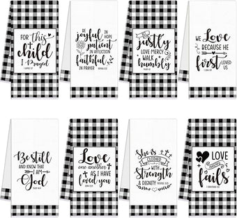 Hahafelt 8 Pc Religious Christian Kitchen Dish Towel Black and White Check Cleaning Dishcloth Towels Bathroom Home for Christian Gift for Men Women Housewarming