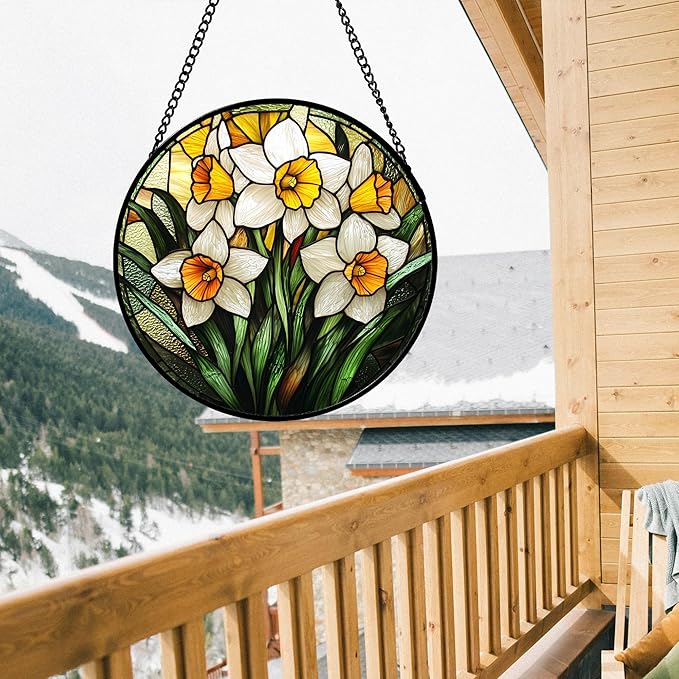 AMDERVEN Stained Glass Window Hanging, Yellow and White Daffodils Sun Catcher for Door Home Decor Plants Flowers Suncatcher Christmas Mother's Day Birthday Gifts for Women Men Mom Nana 6.3 in