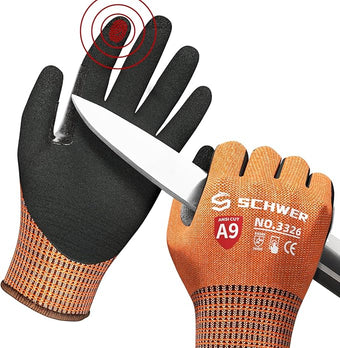Schwer ProGuard Highest Level Cut Resistant Work Gloves PR3326 for Extreme Protection，ANSI A9 Cut Gloves with Reinforced Thumb, Non Slip, Non PFAS, Durable, Touch-screen, Orange 1 Pair(XXL)