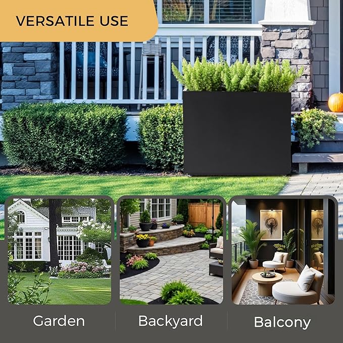 Tall & Long Metal Divider Planter 30W x 11D x 24H, Easy 5-Min Assembly, Outdoor Span Rectangular Planter Box with with Middle Shelf & Adjustable Feet, Versatile for Garden, Yard and Patio, Black