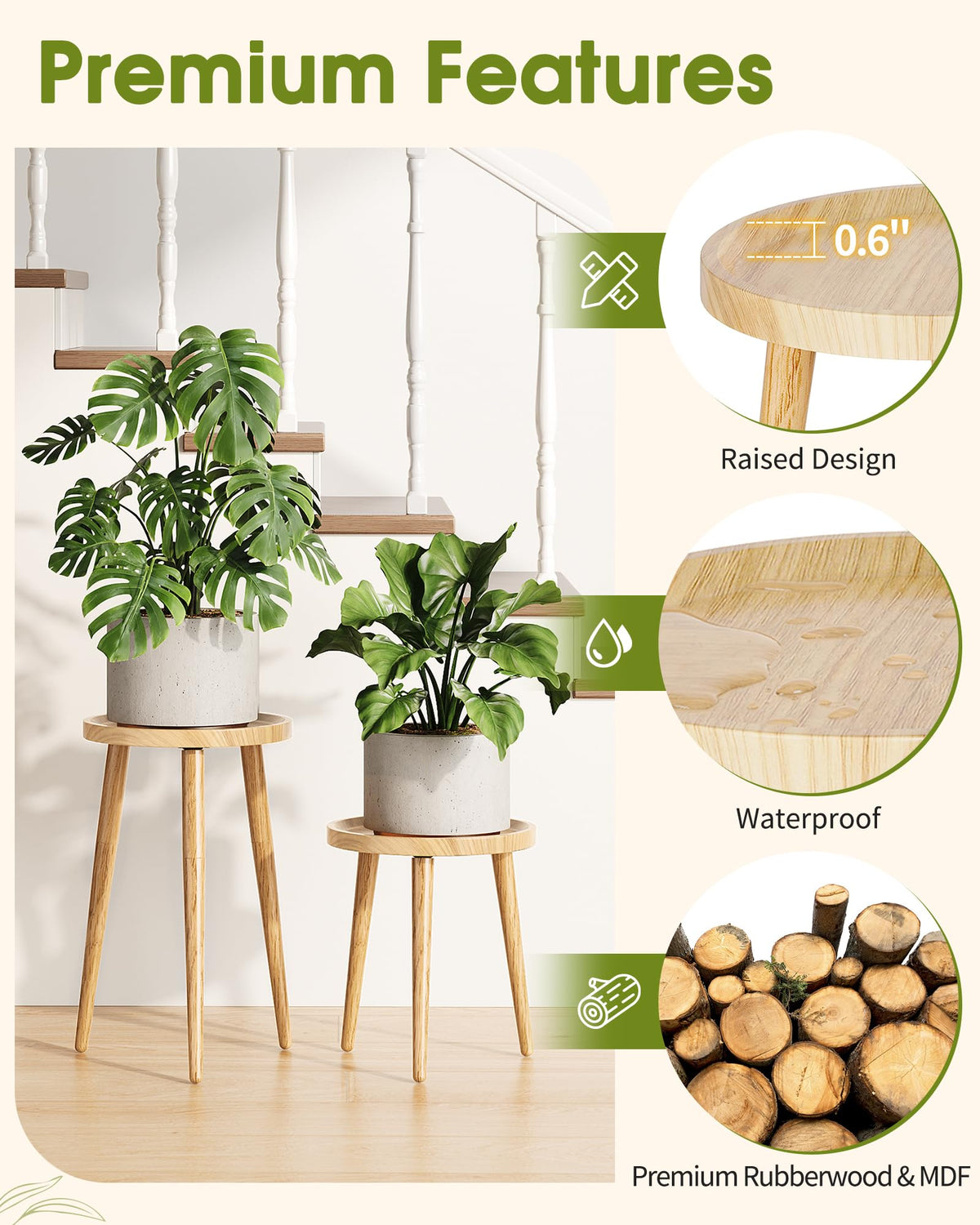 AZADESJET Plant Stand Indoor 2 Pack, Mid Century Wood Indoor Plant Stands, Tall Plant Holder for Flower Pot, Modern Plant Table Round Side End Table With Raised Design, Natural, 11.7"x18.8" & 11.7"x13"