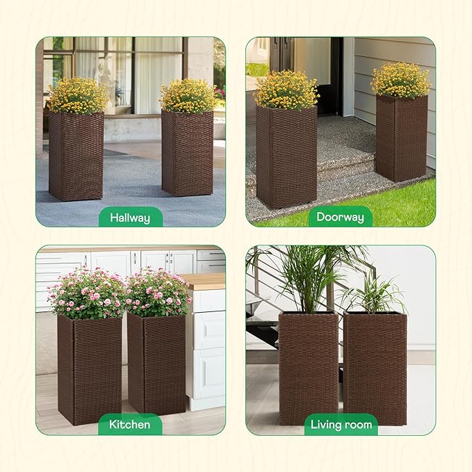 IDZO All-Weather Wicker Planters, Set of 2, 24 in Tall Wicker Planters, Self-Watering with Drainage, Durable PP Material, Raised Garden Bed Alternative, Indoor Outdoor Use, Modern Rattan Design