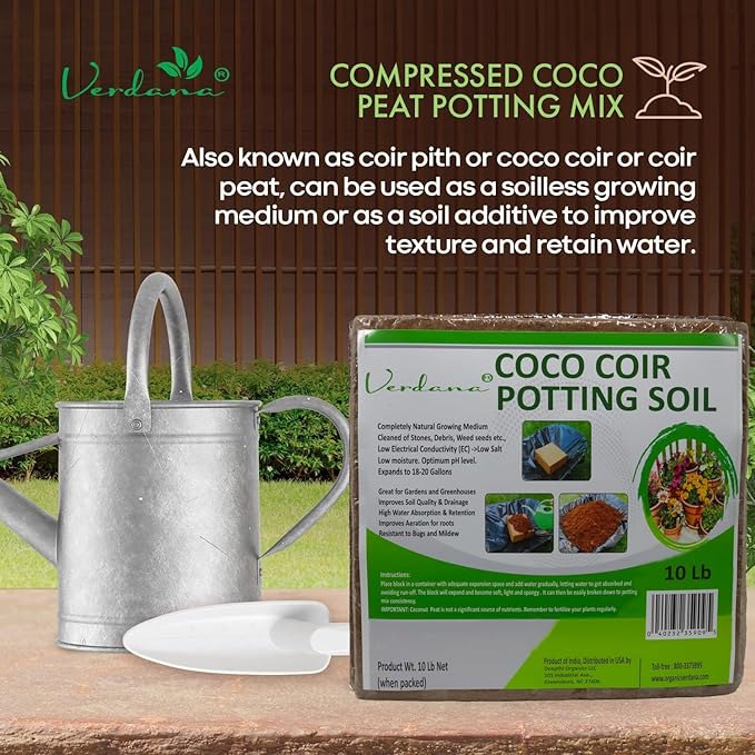 Verdana Coco Coir Potting Soil Brick – 10 Lb - Peat Moss Alternative for Potting Mix, Raised Bed Soil, Organic Gardening & Seed Starting - Compressed Coconut Fiber Block Expands to 18 Gallons