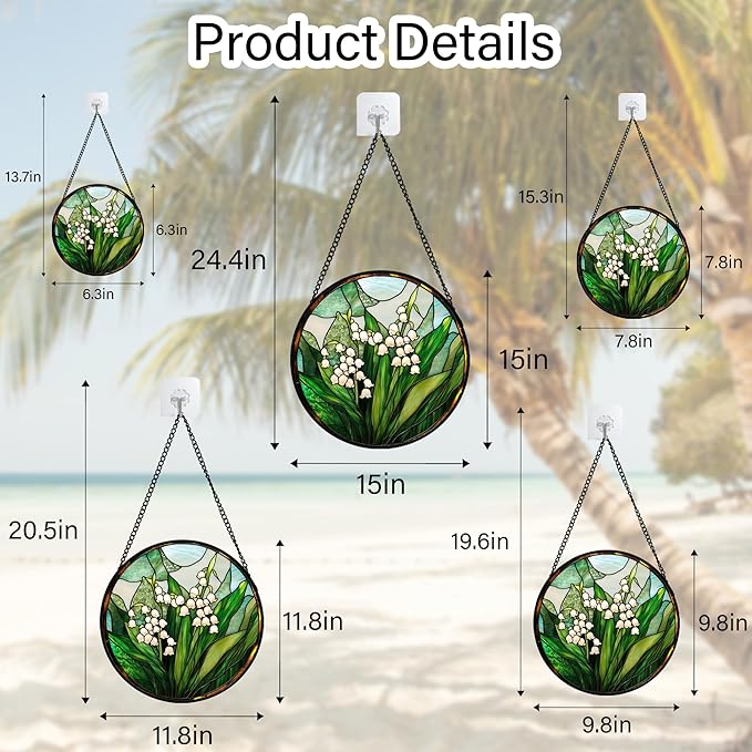 JOSUMALY Stained Glass Window Hanging - White Green Lily of The Valley Suncatcher for Doors Garden Terrace Plant Sun Catchers Decor Mother's Day Birthday Flowers Gifts for Women Men Mom 7.8 in