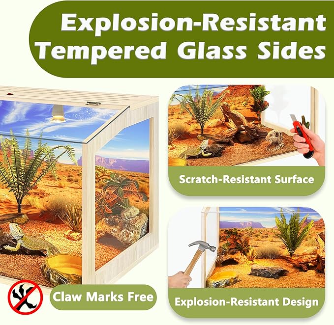 PROLEE Tempered Glass Bearded Dragon Tank,Reptile Tank with Clear Window View, Anti-Scratch Lizard Tank,Spacious Reptile Enclosure for Snakes, Lguanas, Chameleons (Oak, 28Gallons,24"L x 16"W x 16"H)