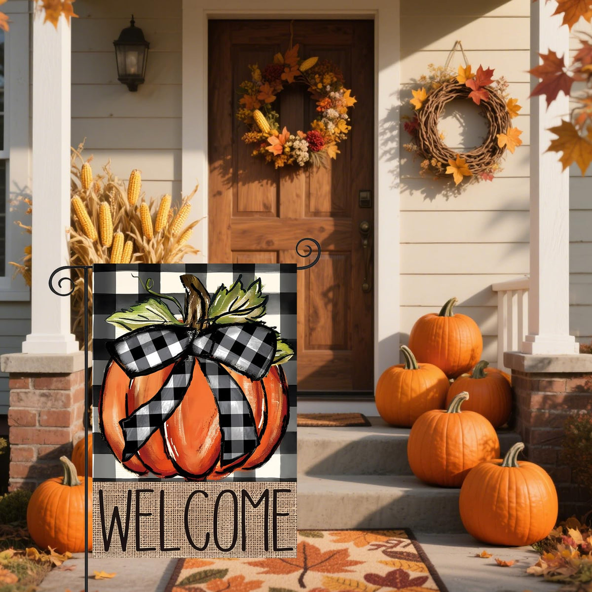 Fall Garden Flags for Outside 12x18 | Garden Flag Pumpkin Buffalo Plaid