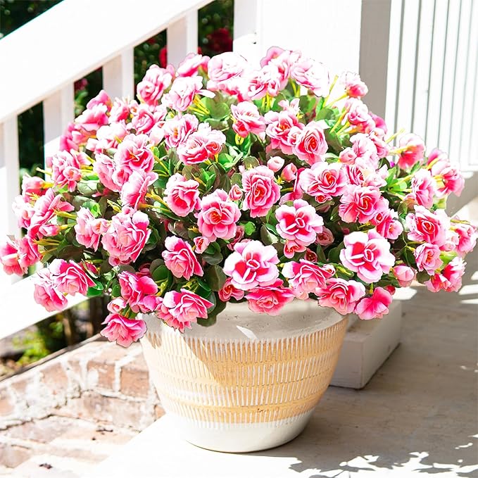 HyeFlora Artificial Faux Outdoor Flowers Plants for Spring Summer Decoration, Fake Silk Camellia UV Resistant Look Real for Planter Outside Front Door Porch Patio Balcony, 3 Large Bundles