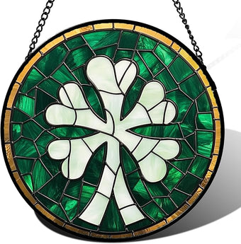 QZQCBLC Stained Glass Window Hanging Green Clover Large 11.8" - Suncatcher Door Garden Sun Catcher Home Ireland Decor Birthday Mother's Day St Patrick's Day Gifts for Mom Men Woman Wife Friend