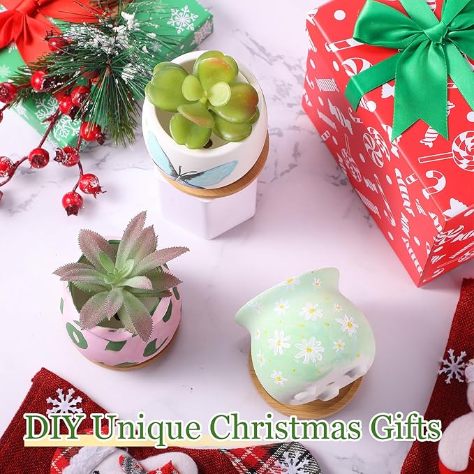 Remerry 18 Pcs 3.5 Inch DIY Ceramic Succulent Pots for Painting Figurines Paint Craft Kit Unpainted Ceramic Bisque Paintable Flowerpots with Drainage Hole Ready to Paint