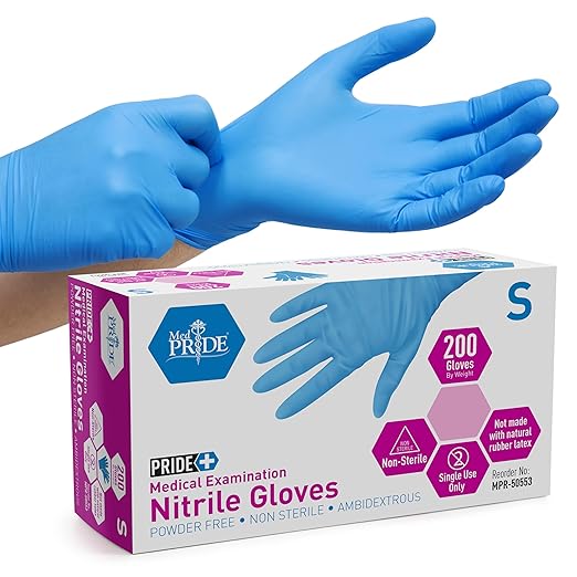MED PRIDE Disposable Blue Nitrile Gloves, Pack of 200, Ideal for Medical, First Responders, Law Enforcement, Tattoo Artists, Food Vendors, Painters, Cleaners, Pet Care, and More