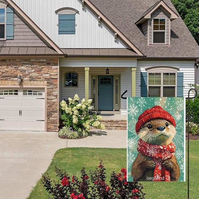 Otter with Red Scarf and Hat Snowflake Christmas Garden Flag, 28x40 Inch Double Sided Linen Holiday Red Winter Farmhouse Yard Outdoor Decoration (4329)