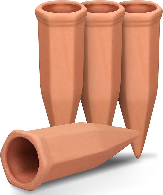 Terracotta Watering Spikes, Wine Bottle Watering Stakes, Slow Release Self Watering Planter Insert for Out | Indoor Plants, Vacation Plant Watering Devices, Automatic Plant Waterer, 4-Pack
