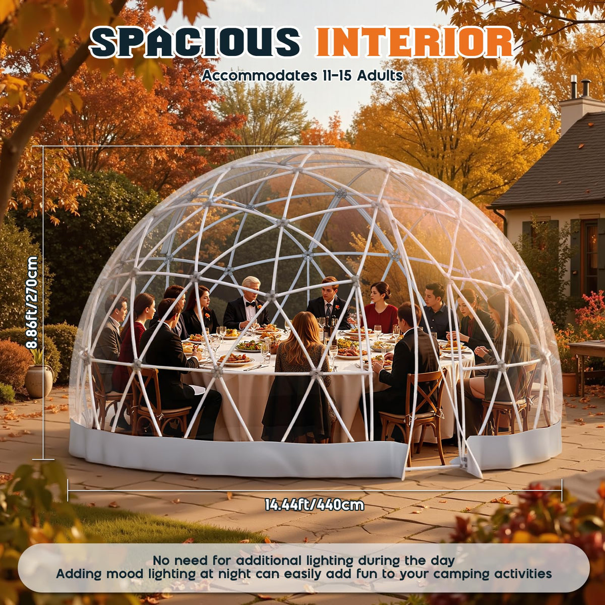 YUMPIE 15 FT Garden Dome Greenhouse, PVC Transparent Cover, Quick Connect Plug Installation, Waterproof Pop-up Green House, 6-10 Person Bubble Tent for Patio, Backyard, Party, Wedding