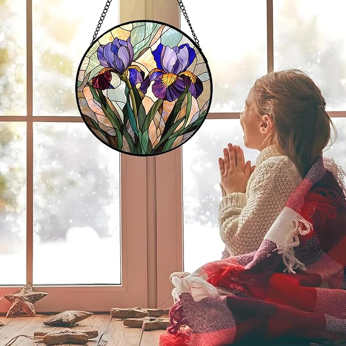 HWRHTR Stained Glass Window Hanging, Purple Blue Iris Birth Flower Suncatcher for Doors Garden Yard Sun Catchers Decor Christmas Mother's Day Birthday Gifts for Teacher Women Mom Nana Wife 15 in