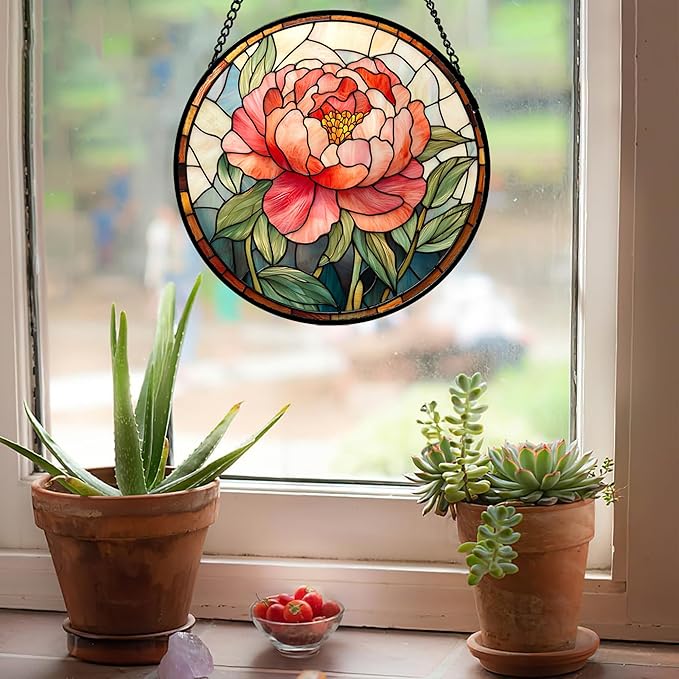 HWRHTR Stained Glass Window Hanging - Pink Peony Floral Suncatcher for Door Garden Yard Birth Flower Sun Catchers Decor Christmas Mother's Day Birthday Gifts for Women Mom Nana Wife Teacher 9.8 in