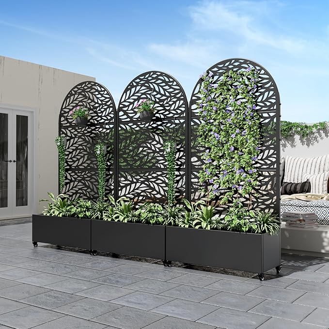 Casaphoria Metal Raised Garden Bed with Trellis and Wheels, 72"x35"x16" Planter Box for Climbing Plants, Vegetables & Vines, Features Drainage Holes and Privacy Screen (Black-Spring)