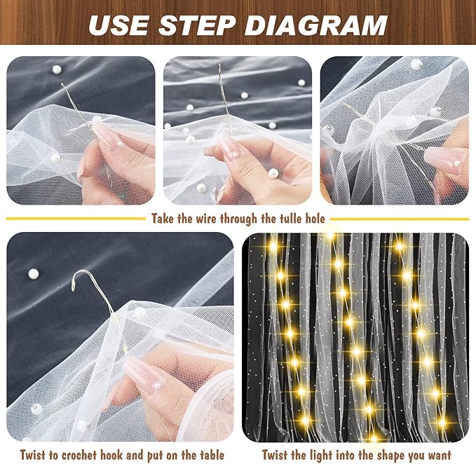 Kinlop Plug in Type 10 ft 64x120 Inch White Pearl Tulle Table Runner with LED Lights for Valentine's Wedding White Chiffon Birthday Table Skirt Tablecloth Decor Outside Baby Shower Ceremony