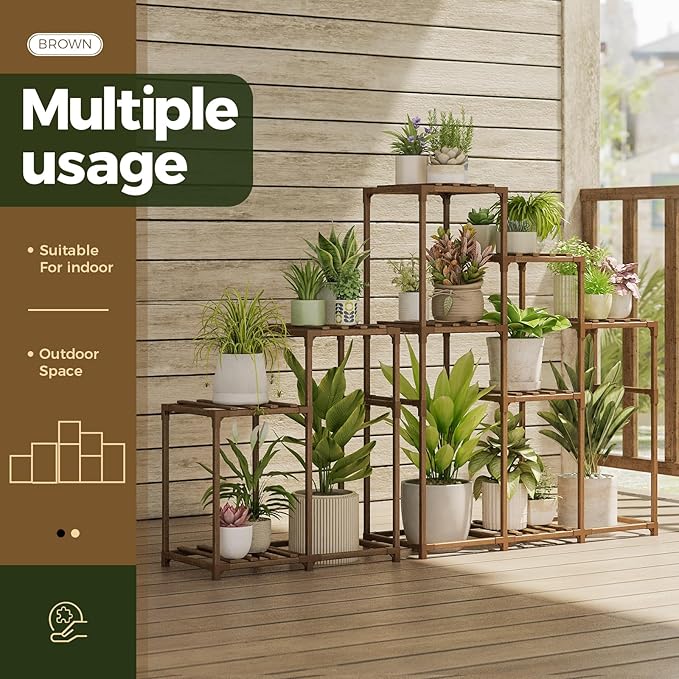 Bamworld 2 Sets Plant Stands Indoor Tall Shelves Outdoor for Multiple Flowers 10 Pots Wooden Rack for Living Room Balcony Garden