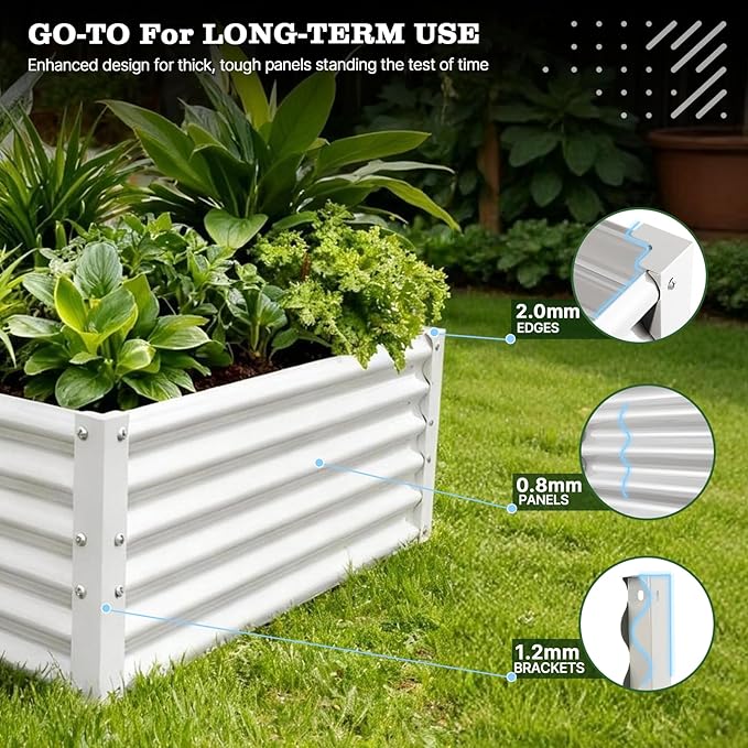 A ANLEOLIFE 8-Piece 18 Inch Tall Antique White Raised Garden Beds Kit, L-Shaped & Rectangular Metal Planters – Ideal for Backyard Vegetables Flowers Herbs