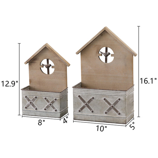 Set of 2 Wall Mounted Metal Planter Box, Birdhouse Hanging Pocket Planters