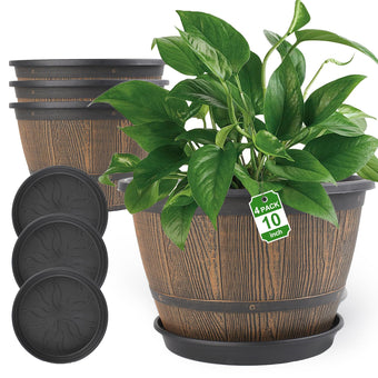 10-inch-Plant-Pots-Indoor-Outdoor, 4 Pack Whiskey Barrel Planters with Drainage Holes & Saucer, Plastic Flower Pots Imitation Wine Barrel Design, Decorative Garden Pots for Plants