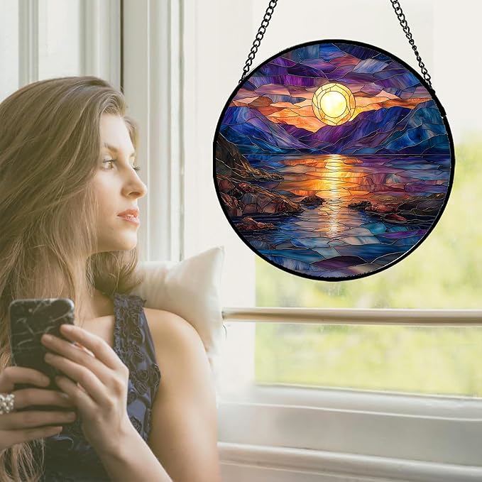 Stained Glass Window Hanging - Blue Purple Lake View Suncatcher for Door Terrace Garden Home Decor Sunset Landscape Sun Catcher Birthday Gifts for Lovers Women Men Dad Mom Nana 15 in