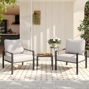 3 Pieces Rattan Outdoor Furniture Set, All-Weather Patio Conversation Set with Warm Grey Cushions and Coffee Table for Garden, Backyard, Balcony, Poolside