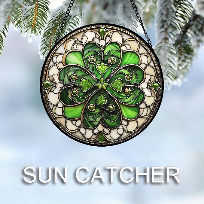 Stained Glass Window Hanging St. Ripak Festival Green Lucky Clover 7.8" - Suncatcher Door Garden Sun Catcher Ireland Decor Mother's Day for Mom Woman Her Men Sisters