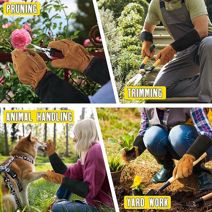 HANDLANDY Leather Gardening Gloves for Men & Women, Rose Pruning Thorn Proof Garden Glove, Long Sleeve Gauntlet Gloves (Black-brown, Medium (Pack of 1))
