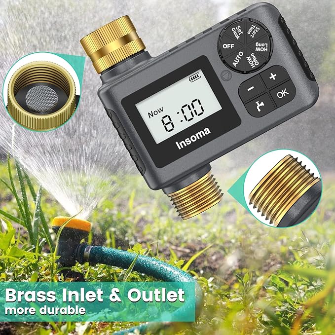 Insoma Water Timer for Garden Hose with Brass Inlet & Outlet, Hose Timer with AUTO/Manual/Rain Delay Mode, Outdoor Sprinkler Timers for Automatic Drip Irrigation System Yard Lawn Watering, 1 Outlet