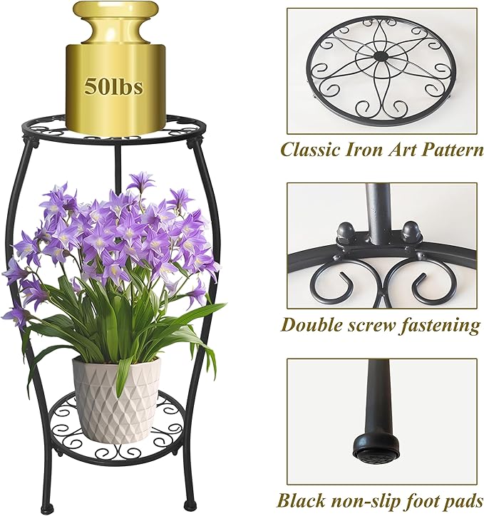 NOAMOO Metal Plant Stand 2 Tier Indoor Outdoor, Tall Flower Pot Shelf Rustproof Stable Corner Stand, 25.2 inch Multiple Plant Display Rack for Living Room Patio Balcony Garden, 2 Pack