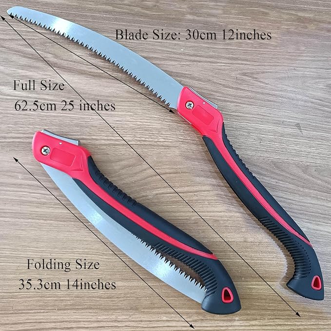 12 Inch Heavy Duty Pruning Saw, Folding Hand Saw with SK5 Curved Blade, Triple-cut Razor Teeth Used for Trees Wood Cutting Camping Gardening Work, Hiking, Landscaping, Tree Trimming