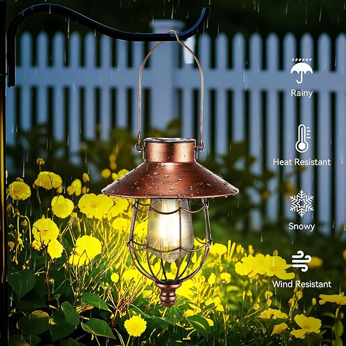 Solar Lanterns Outdoor Hanging Metal Vintage Lantern Warm White Solar Lights lamp Waterproof Edison Bulb Design for Pathway Garden Patio Yard Tree Decoration (Copper)