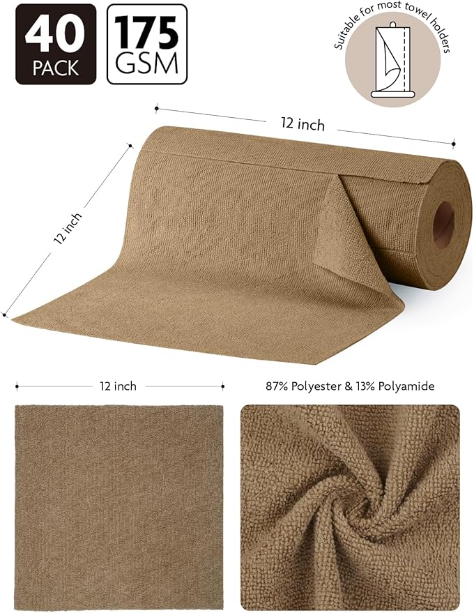 Fantasticlean Microfiber Cleaning Cloth Roll -40 Pack, Tear Away Microfiber Towels, 12" x 12", Reusable, Washable, Scratch Free, Ultra Absorbent for All-Around Cleaning Supplies (TAN)