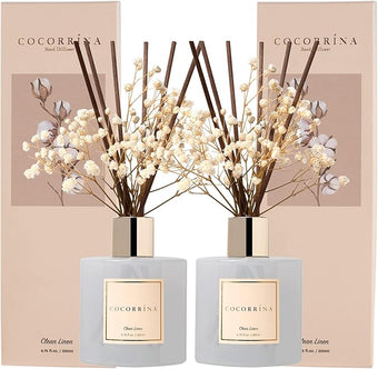 Cocorrína Reed Diffuser Set, 6.7 fl.oz Clean Linen 2 Packs Scented Diffuser with Sticks Home Fragrance Reed Diffuser for Bathroom Shelf Decor