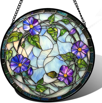 DASTOLL Stained Glass Window Hanging, Purple Morning Glory Flowers Suncatcher for Doors Window Home Plant Sun Catchers Decoration Mother's Day Birthday Gifts for Women, Men, and Mom 11.8x11.8 in
