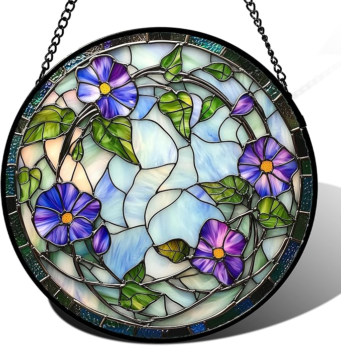 DASTOLL Stained Glass Window Hanging, Purple Morning Glory Flowers Suncatcher for Doors Window Home Plant Sun Catchers Decoration Mother's Day Birthday Gifts for Women, Men, and Mom 9.8x9.8 in
