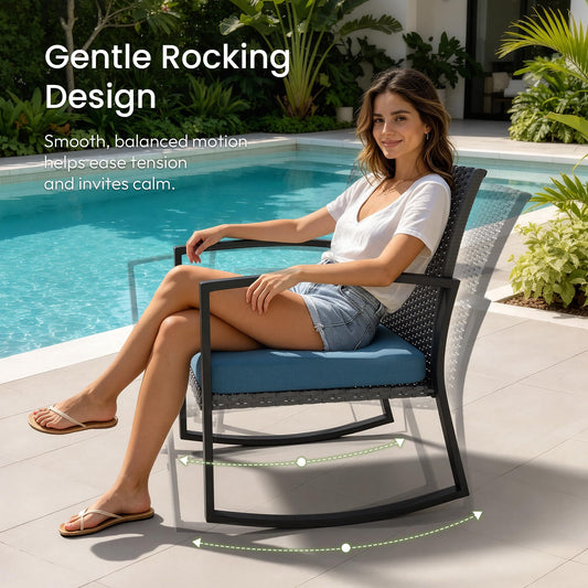 LAWNOOK Rocking Patio Bistro Sets - All-Weather - 3 Piece Rattan Conversation Furniture Set, Wicker Outdoor Front Porch Chair for Balcony, Porch, Garden, Backyard, Poolside, Blue