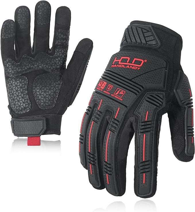 HANDLANDY Anti Vibration Gloves, SBR Padding, TPR Protector, Mechanic Work Gloves (Large, Black)
