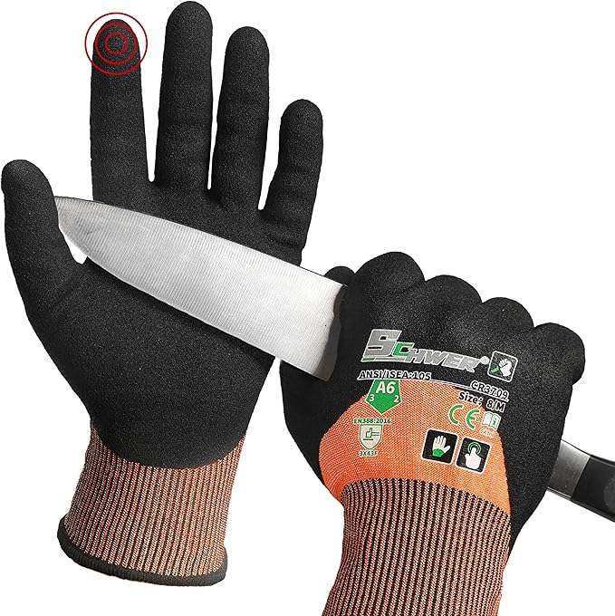 Schwer ANSI A6 Cut Resistant Gloves, CR3709 Cut Proof Work Gloves, Touch-screen Cutting Gloves, 3/4 Dipped Coating for Woodworking, Glass Metal Cutting, Construction, Fishing, XL,1 pair