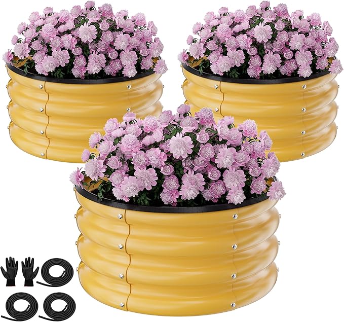 Round Galvanized Raised Garden Bed Kit, 3 Pcs 2 x 2 x 1ft Autumn Gold Galvanized Garden Boxes, Outdoor for Vegetables