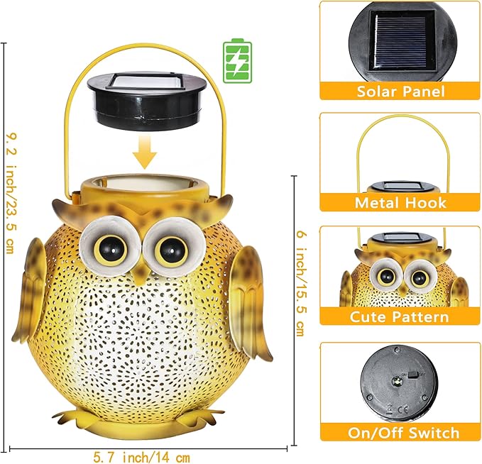 2 Pack Hanging Solar Lanterns - Garden Light Waterproof Metal Decorative Solar Lantern Lights Outdoor for Patio Yard Table Pathway with Owl Pattern