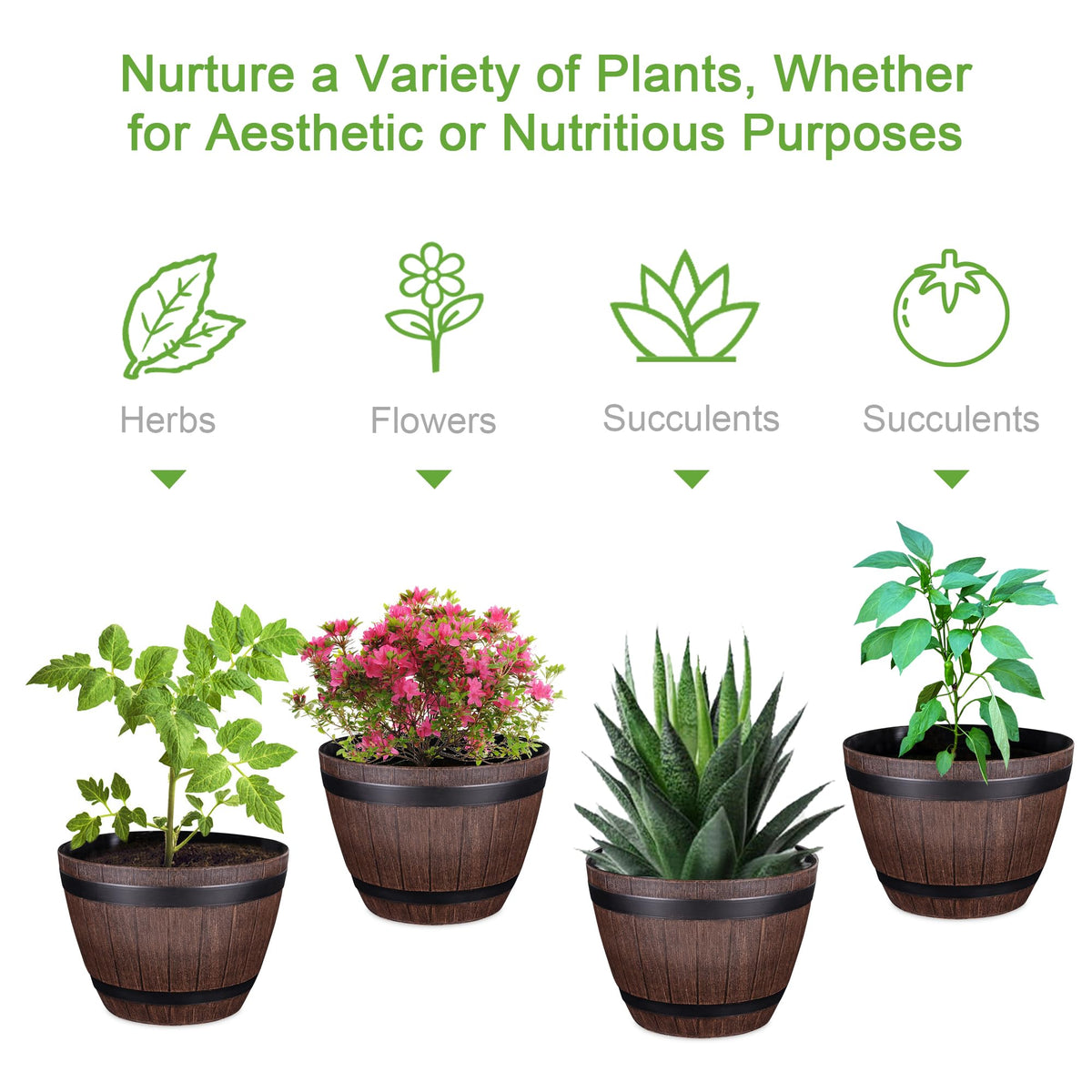 VECELO Plant Pots with Drainage Holes & Saucer, 9/11.3/13 Inch Flower Pots with Tray, 3 Pack Plastic Whiskey Barrel Planters for Indoor & Outdoor Garden Home Plants and Flowers