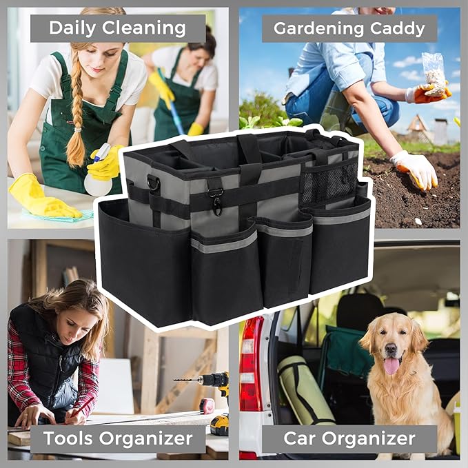 Wearable Cleaning Caddy, Cleaning Caddy Supplies Organizer with Handle & Shoulder Straps for Housekeepers, Under Sink & Car Cleaning Tool Organizers Bag with 4 Foldable Divider (MediumGrey)