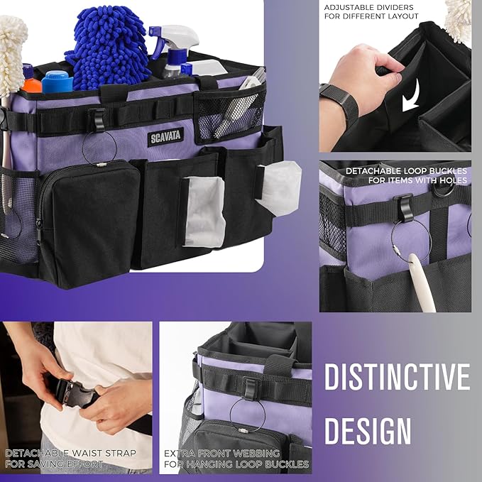 Wearable Cleaning Caddy Bag, Cleaning Caddy Supplies Organizer with Handle & Shoulder Straps for Housekeepers, Under Sink & Car Cleaning Tool Organizers with 4 Foldable Divider (Purple)