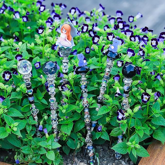 158 Pcs DIY Fairy Wand Garden Stakes Kit,Multiple Color Scheme European Beads Crystal Diamond Tops and 12 or 10 Inch Threaded Rods,Stainless Steel Stakes with Diamond Toppe (Black)